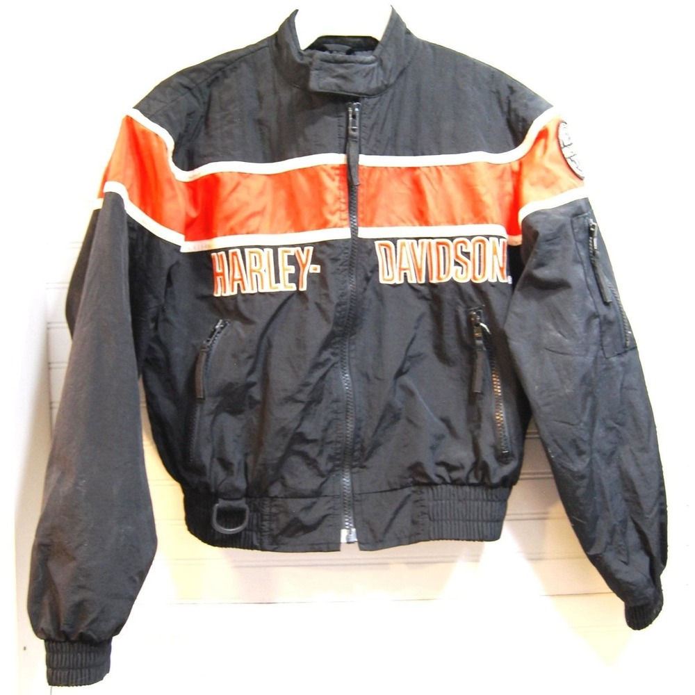 Kids Vintage Harley Davidson Motorcycle jacket Youth Medium Y2K Nylon Zip-up